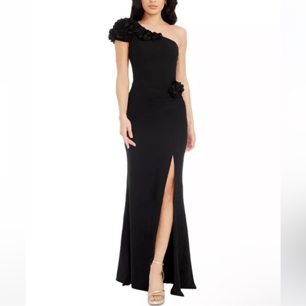 NWOT Dress the Population Black Aubrielle Rosette One Shoulder Maxi Gown sz M